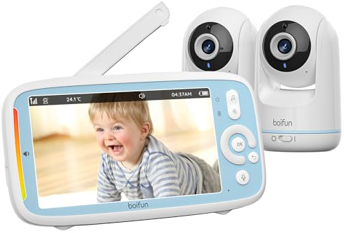 Boifun Babyphone mit 2 Kameras, Automatische Bildwechsel, 5 IPS Babyfone ohne WLAN, Intelligente Nachtsicht, PTZ 360° Grad, Zwei-Wege-Audio, VOX-Modus, Temperaturmessung, Wiegenlied, 300m Reichweite