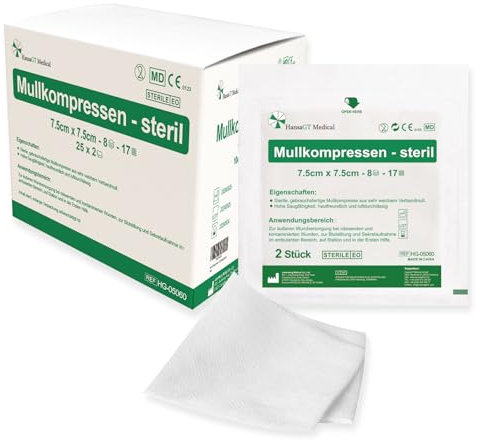 HansaGT Medical Kompressen Sterile 7.5x7.5cm 50 Stück Wundkompressen STERIL 8 Lagen Wundauflage Verbandsmaterial Mullkompressen Wundgaze Kompresse zur Wundversorgung Blutabsorbtion und Sekretaufnahm