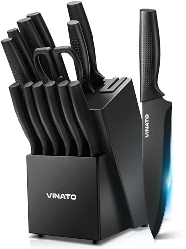 VINATO Set Coltelli da Cucina, Coltello da Cucina 14 Pezzi con Affilatore, Coltelli Professionali da Cucina da Chef, Set Coltelli da Cucina in Acciaio Inox con Manico in Plastica e Ceppo in Legno