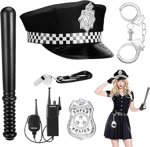 DAJASD Disfraz de Policía, 6PCS Disfraz de Policía Infantil, Disfraz Policia Niño,Accesorios de Juego de Policía con Sombrero de Policía,Esposas,Walkie-talkie,para Niños Adultos Halloween Carnaval
