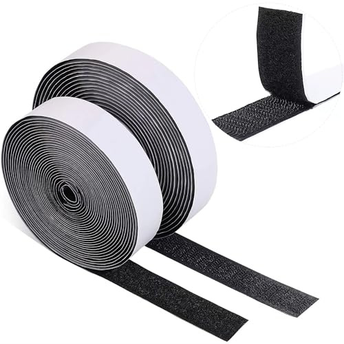 Dantolo 2 Pezzi 10M Nastro Adesivo Forte, Nastro Biadesivo per Tessuti Hook Loop Autoadesivo Extra Forte Adesivo Rotolo di Chiusura per Portafoto Zanzariere Tende Lavori Fatti a Mano e DIY - Nero