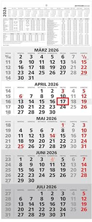 Zettler 5-Monatskalender 2026 – Wandkalender 33 × 72 cm mit Datumsschieber, 5 Monate pro Blatt, Monatsübersicht Dez. 2025–Jan. 2027, mehrsprachig, Feiertage markiert, Jahresübersicht, stabil