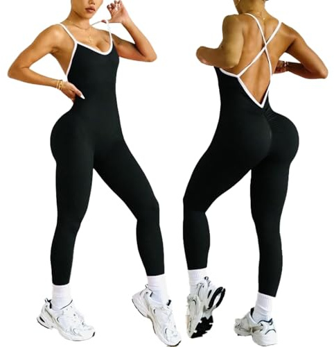 XDSP Overall Kvinnor Sportig Elegant Tight Scrunch Butt V Tillbaka Jumpsuit Jumpsuit Slims Ärmlös Sport Rygglös Yoga Jumpsuit One-Piece Gym Bodysuit