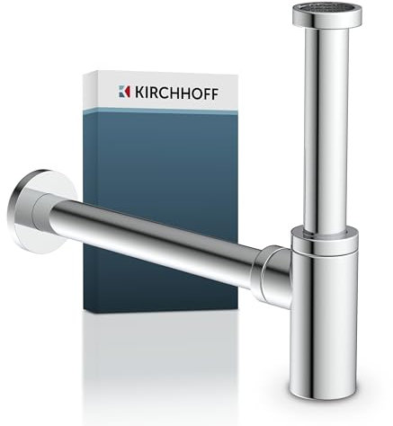 Kirchhoff Design Siphon, Abfluss, Siphon Waschbecken Bad aus korrosionsfreiem Kunststoff, Syphon für Waschbecken und Waschtisch, Geruchsverschluss mit Reinigungsöffnung, Flaschensiphon, 98803818,Chrom