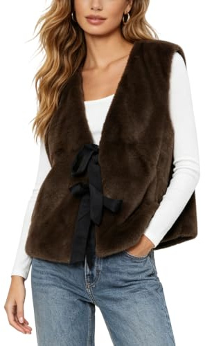 Amazhiyu Gilet da donna in finta pelliccia, senza maniche, soffice, invernale, primaverile, casual, con lacci, gilet peloso, gilet leggero, Marrone, L