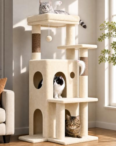 Globlazer klösträd beige, stabil med stor bas, katthus, vadderad plattform, plyschkattleksak, kattträd, 127 cm högt för stora katter, seniorer, vila, leka med klöor inomhus (FC50, beige)