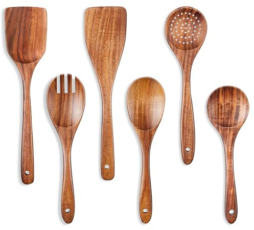 Onader Wooden Kitchen Utensils Set, 6Pcs Teak Cooking Utensils Set, Heat Resistant Spatulas & Spoon for Cooking, Mixing and Serving, Nonstick & Healthy, Easy to Clean
