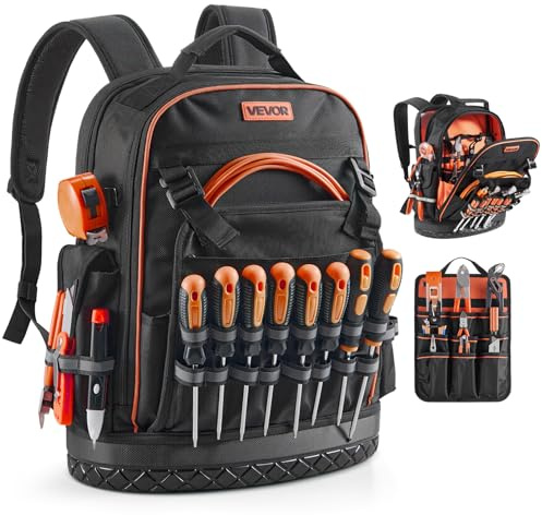 VEVOR Zaino Portautensili, 64 Tasche, per Attrezzi Pesanti, Zaino da Lavoro con Scomparto per Laptop e Base Sagomata, Borsa da Cantiere per Elettricisti, Riparatori e Tecnici HVAC Nero