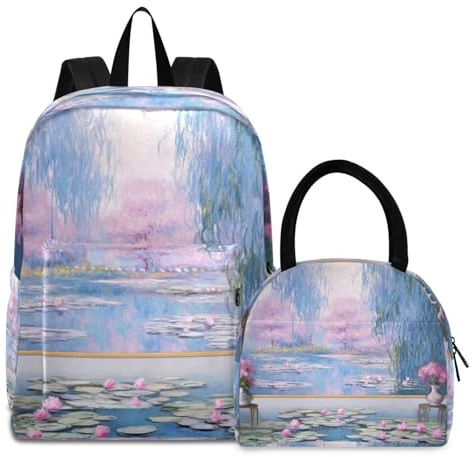 RPLIFE Barn skolryggsäckar vattentät strandryggsäck, barnryggsäckar med lunchväska, vattenlilja damm av Claude Monet