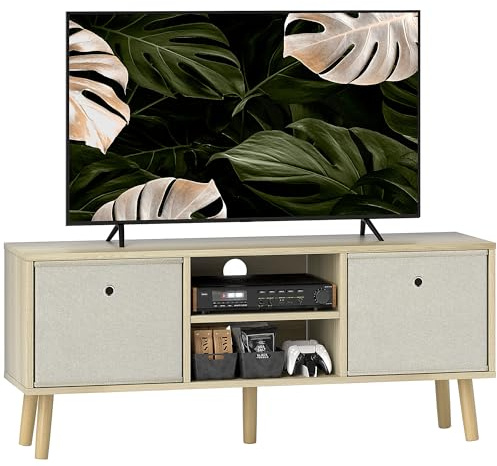 HOMCOM Mueble de TV, Mesa de TV con 2 Cajones de Tela, 2 Estantes Abiertos, Orificios para Cables, para Televisores hasta 50 Pulgadas, Largo de 110 cm, para Salón, Dormitorio, Madera y Beige