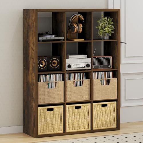 Furinno Cubicle Record Player Stand with Vinyl Storage, 12-Cube 1.2 Extra Thick Vinyl Record Storage, Open Back Media Shelf for CD DVD Blueray Game Disc, for Living Room, Home Office, Amber Pine