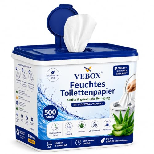 VEBOX Papel higiénico húmedo lavable – 500 unidades XXL – sin perfume, pH neutro y biodegradable, papel higiénico húmedo con aloe vera y vitamina E para la higiene diaria del inodoro