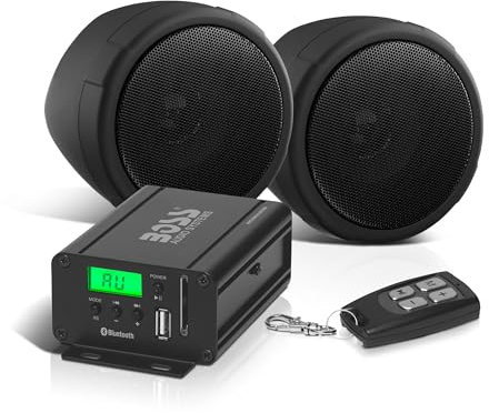 BOSS Audio Systems MCBK520B Motorcycle 3 Inch Stereo Speakers and Amplifier Audio Sound System - Bluetooth 2 Channel Amplifier, Weatherproof, FM Tuner, USB, SD, Auxiliary In, ATV UTV Compatible