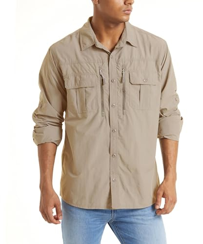 TACVASEN Long Sleeve Shirt for Men Button Up Fishing Shirt Quick Dry Fit Safari Shirt Sun Protection Work Shirt Breathable Tactical Shirt Cool Khaki XL