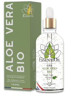 ESSENTIOIL Gel Aloe Vera Bio - Répare les pointes fourchues, Redonne brillance aux cheveux - Hydrate la peau, Soulage les démangeaisons Gel aloe vera cheveux - Bouteille verre 100mL - Marque Française