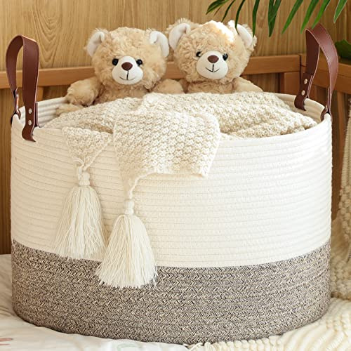 KAKAMAY Large Blanket Basket (20x13),Woven Baskets for storage Baby Laundry Hamper,Cotton Rope Blanket Basket for Living Room, Laundry, Nursery, Pillows, Baby Toy chest (White/Beige)