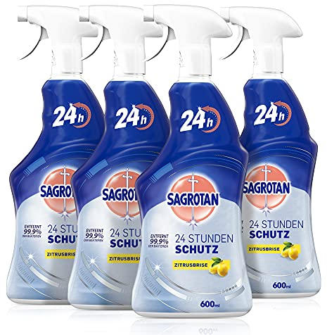 Sagrotan 24-Stunden Schutz Desinfizierender Allzweck-Reiniger Zitrusbrise – Entfernt 99,9 Prozent der Bakterien bis zu 24 Stunden – 4 x 600 ml Sprühflasche