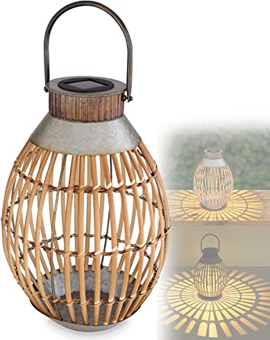 Solarlampe für Außen Garten Laterne Bambus - Solarleuchte Balkon Gartenlaterne - Gartenlampe Höhe 37 cm - Außenleuchte LED Stehend - Gartendeko Solar Wetterfest - inkl Pflegetuch