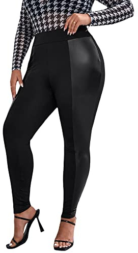 WDIRARA Women's Plus Size High Waist PU Leather Leggings Stretch Skinny Pants Black 2XL