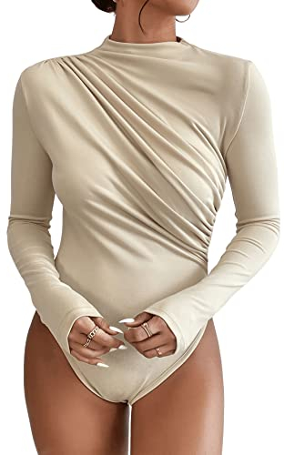 GORGLITTER Damen Body Elegant Langarm Bodysuit mit Rollkragen Rüschen Oberteil Sexy Top Body Aprikosenfarben M