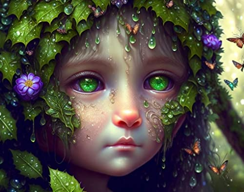 FADISA canvas wall art Posters and prints Baby Elf with Hazel Eyes Under Green Common Ivy with Rain Drops for Home Decor 60x90cm