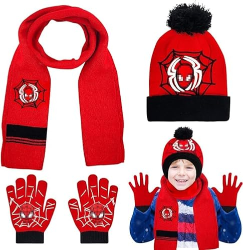 Kinder Strickmütze,Schal und Handschuhe 3 in 1 Set,Warme Wintermütze Geschenke für Kinder Jungen Mädchen 3–6 Jahre,Hochwertige Cartoon-Drucke (Rot)