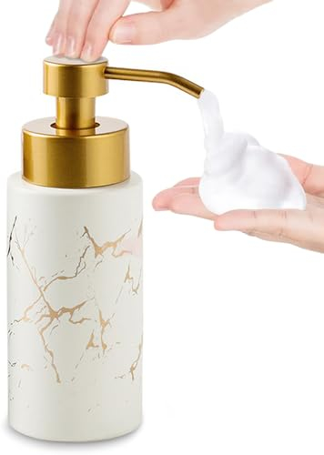Marble Soap Dispenser, Ceramic Foam Soap Dispenser with Rust Proof Golden Pump (White)