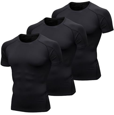 YUSHOW 3 Pack Tee Shirt Compression Homme Manches Courtes Sport Tshirt Running Vetement de Fitness Homme Gym Compression Maillot T-Shirt Musculation Jogging,Noir (Lot de 3),M