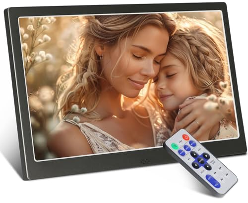 TSITSC 10 Zoll Digitaler Bilderrahmen mit Fernbedienung, Metall Elektronischer Bilderrahmen Kalender/Uhrfunktion/Musik/Foto-/Videoplayer, unterstützt USB/SD-Karte (Schwarz)