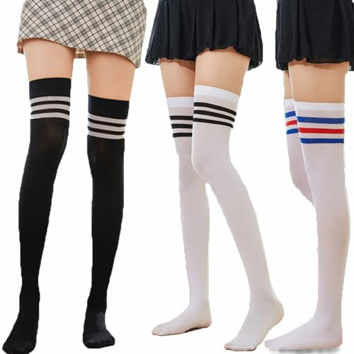 3 Pares Medias Por Encima De La Rodilla Calcetines Hasta La Rodilla Para Mujer Medias Hasta La Rodilla Cálidas Blancas y Negras Para Mujer Calcetines Largos a Rayas Calcetines Hasta El Muslo Algodón