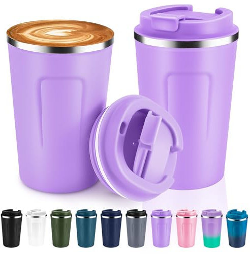 Volhoply Tazze da caffè isolate a doppia parete da 350 ml, da viaggio, con coperchio a ribalta, riutilizzabili, in acciaio inox, a prova di perdite, bicchieri termici portatili per bevande calde e