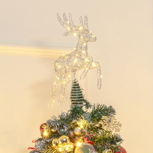 The Christmas Workshop 73889 Silver Reindeer Tree Topper/Warm White LEDs/Versatile Placement/Battery Operated with Timer