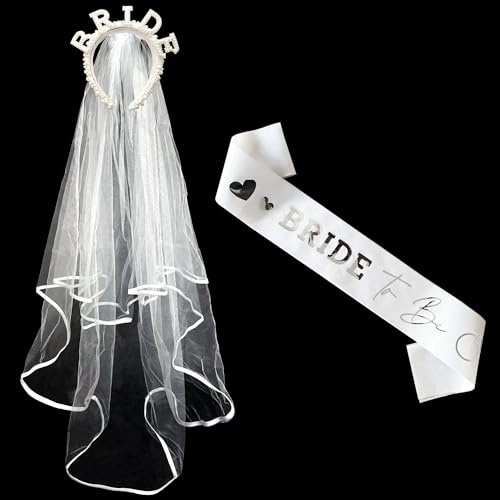 Pearl Bride Headband Veil and Sash Kit Sparkly Pearl Bride Tiara, Bride to Be Headband, Bridal Shower Headpiece, Hen Do Party Bachelorette Party Gift Headpiece (Pearl Tiara Veil and White Silver Sash)