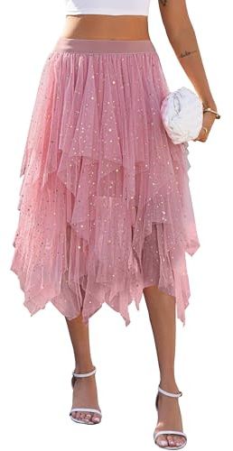 Lovasy Lång paljett dam tyllkjol oregelbundna kjolar i tyll plisserad midikjol skiktad tutu-kjol elegant nätkjol för karneval halloween jul fest prom, A-rosa, L-XL