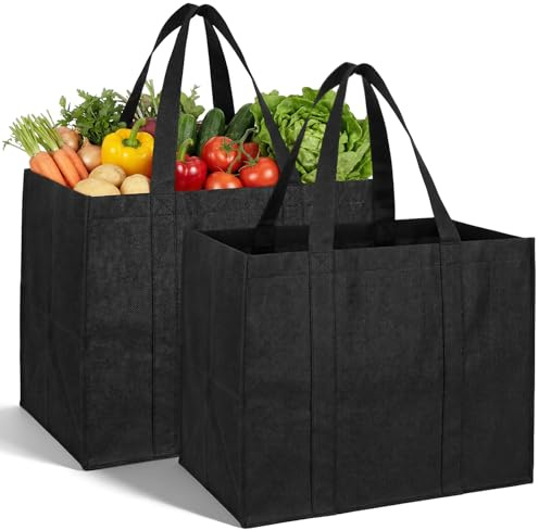 DOPENSPI 2 Pack Black Shopping Bags, Reusable Grocery Bags Foldable Tote Bag with Handles Washable Reinforced Large Shopping Bag for Life Daily Picnic Camping