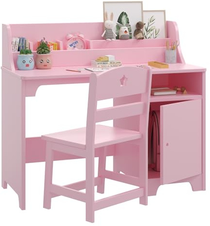 CherishCradle Escritorio Infantil con Silla de Madera con Estantes y Taquilla, Escritorio Infantil con Silla de Madera, Mesa de Aprendizaje Multifuncional para Niños y Niñas de 3+ Años