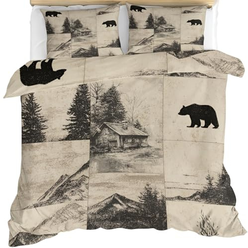 Black Bear Duvet Cover King, Monochrome Vintage Log Cabin Wild Animal Bedding Bed Set, Pine Tree Mountain Forest Wildlife Quilt Covers 230X220cm with Zipper & Ties, 2 Pillowcases