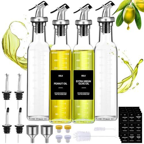 JOTOL 4 Piezas Botella Aceitera Antigoteo,500 ML Dispensador de Aceite y Vinagre,Set de Aceite y Vinagre con Canalón,Embudo de Acero Inoxidable,Etiqueta,para Cocina,Ensalada,Barbacoa