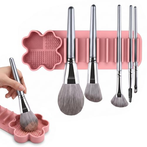 FIQLUL Nettoyant Pinceaux Maquillage en Silicone, Tapis de Nettoyage et Support pour Pinceaux de Maquillage, Accessoire de Lavage Portable pour Outils Cosmétiques, 22x7x2cm, Rose