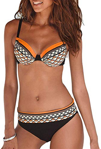 Bikini Mujer Estampado Tribal Push Up Trajes de Baño Ropa Sexy Bohemia Conjunto Bikinis (Naranja, M)