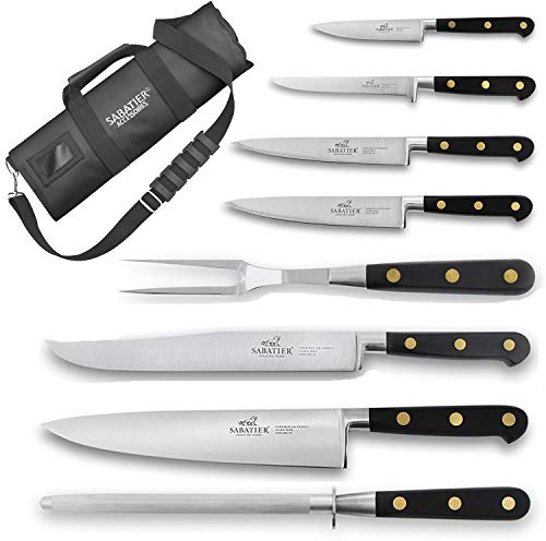 Sabatier Chef Mallette de cuisinier avec 6 couteaux de cuisine + 1 fourchette à viande + 1 fusil à aiguiser - Made in France