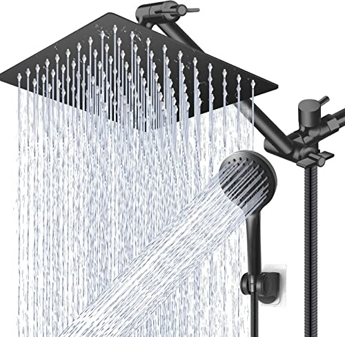 Cabezal de ducha de lluvia de agua de alta y baja presión con brazo de extensión ajustable de 11 pulgadas y 5 ajustes de cabezal de ducha de mano, potente rociador de ducha, negro mate, 12 pulgadas