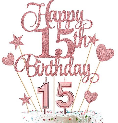 15th Birthday Cake Decorations Set Include Digital Candles 1&5 Numeral 15 Cake Candles and Happy 15th Birthday Cake Toppers with Heart Star Cupcake Picks for Birthday Party Supplies (Rose Gold Series)
