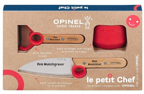 Set coltelli da cucina per bambini Opinel Le Petit Chef con manico in legno | 3 parti | incisione personale | pelapatate | inossidabile | Protezione per le dita | Regalo