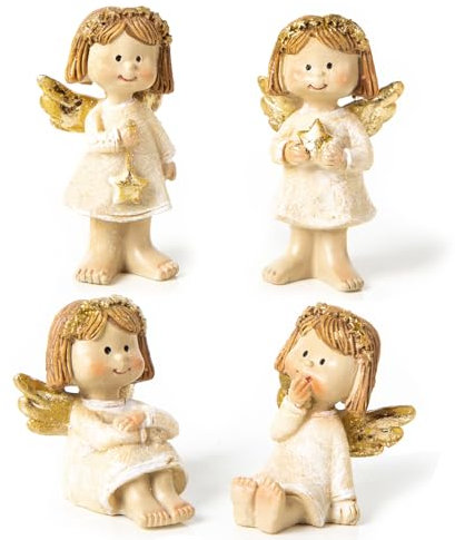 Logbuch-Verlag 4 figuras de ángeles de Navidad, color crema, oro blanco, pequeño regalo ángel de la guarda 6,5 cm