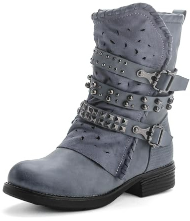 Pogolino Bottines à lacets pour femmes avec rivets Bottes de motard zippées plates et confortables ST016, 42 EU