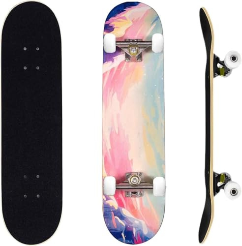 ERNAN Komplett skateboard för nybörjare, 81 x 20 cm dubbel sparkskateboard för barn, tonåringar och vuxna. med Skate T-verktyg. (Rosa)