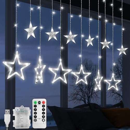 Jsdoin Christmas LED Stars Curtain Lights,12 Stars 138 Window Curtain String Lights with 8 Flashing Modes Decoration for Wedding, Party,Wall, Home Decorations,USB/Battery Powered (Cool White)