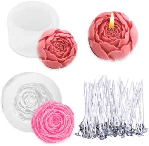 IKOPFLN 2 Pz Stampo per Candele in Silicone 3D + 50x Stoppini per Candela Fai da Te in Cera di Soia di Qualità Alimentare Cera d’Api per Aromaterapia per Candele Fai da Te