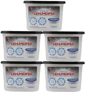 STERUN Interior Dehumidifier Disposable 5 Pack, 500ml– Moisture Absorber for Damp, Mould, and Condensation – Ideal for Home, Wardrobe, Bathroom, Caravan, Garages
